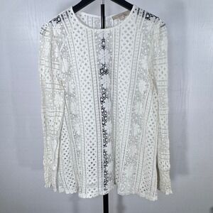 LOFT Women White Floral‎ Lace Long Sleeve Top Blouse Size L Elegant Bohemian